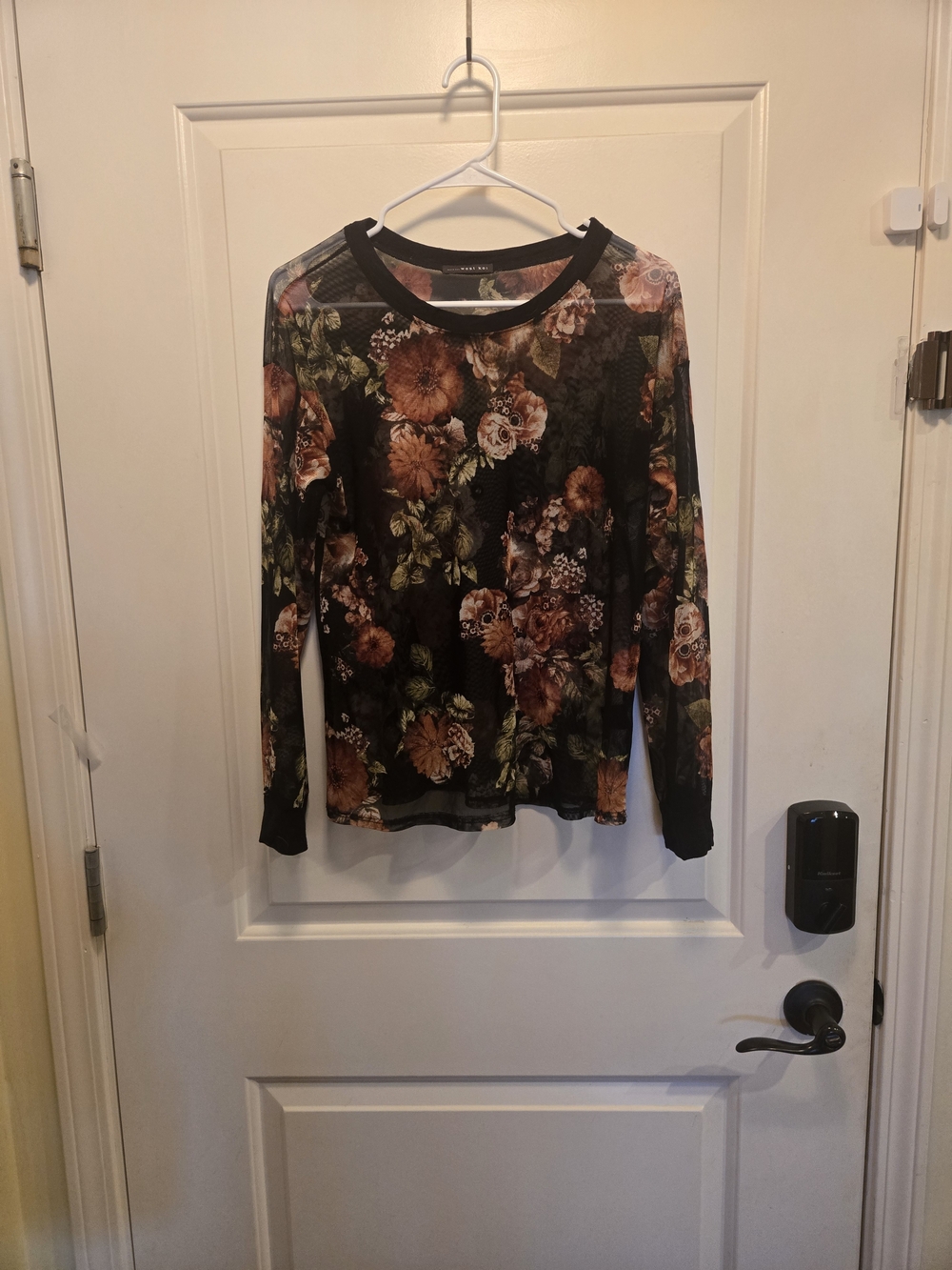 West Kei Black Mesh Long Sleeve Floral Top with Rust and Green Accents